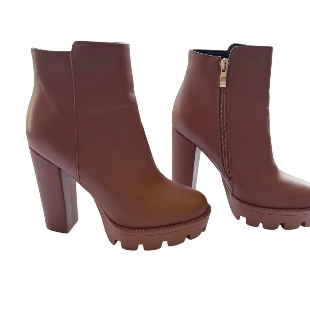 Studio F Chunky Platform Heeled Boots Size 37 – Brown Faux Leather Ankle Boots